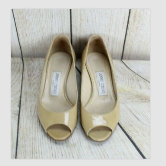 Jimmy Choo Beige Patent Leather Peep Toe Low Wedge Slip On Shoes Size 5 - Picture 5 of 8